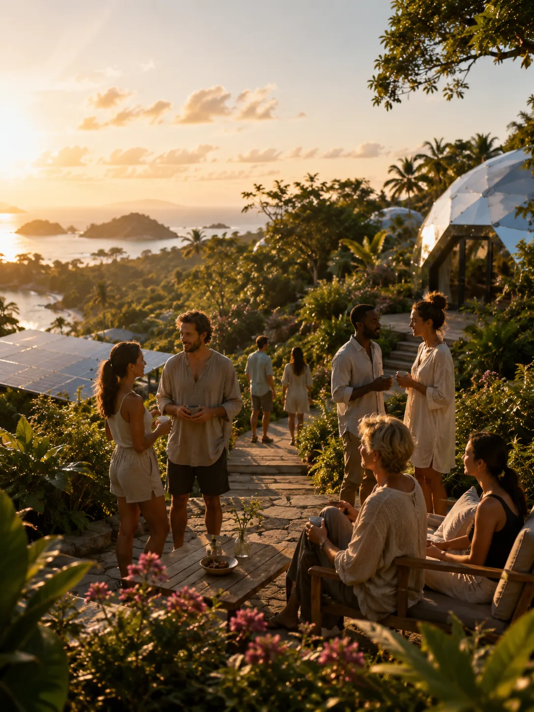 Residents and visitors together in a thriving island setting at dawn