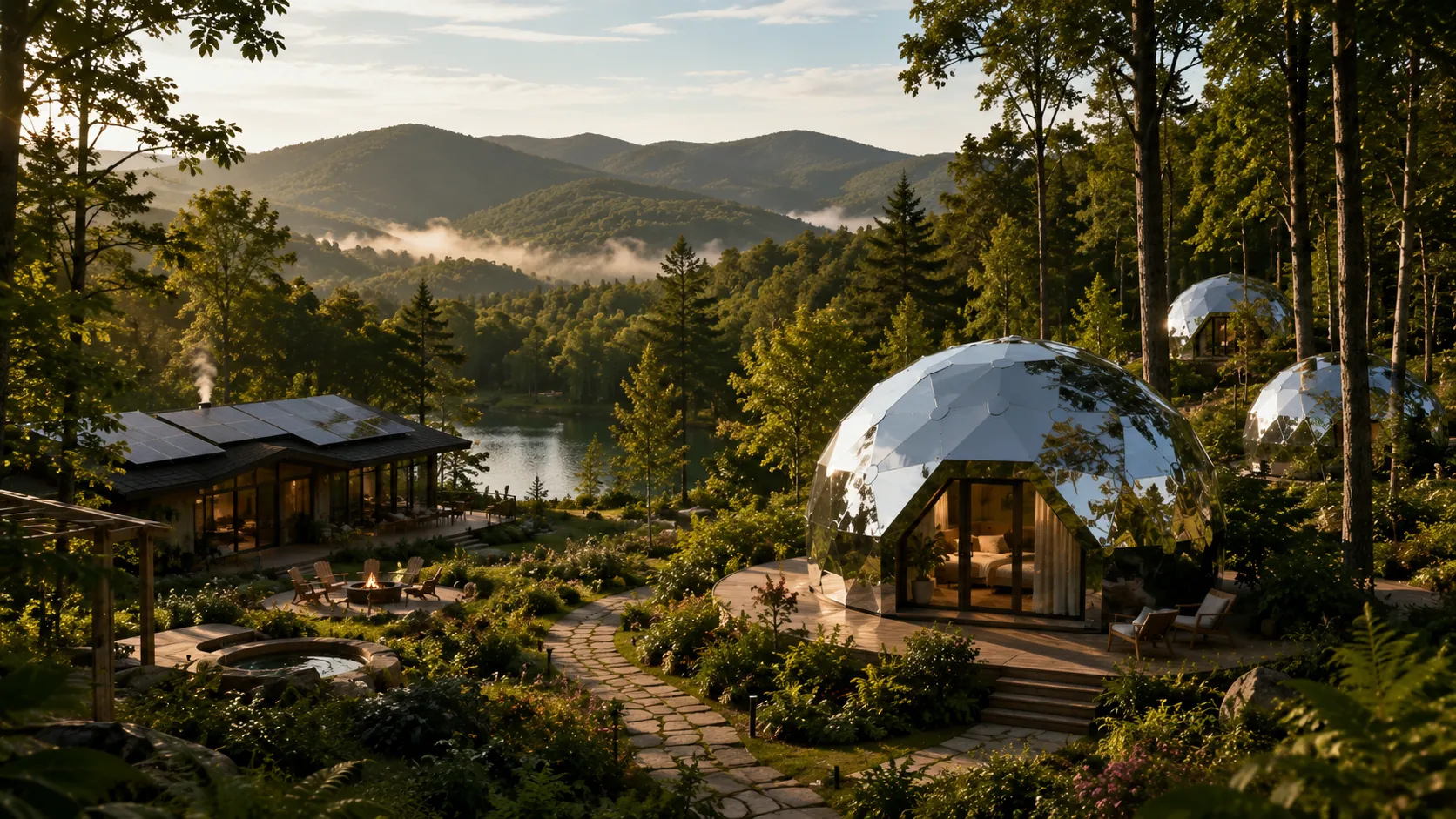 Forested Catskills landscape with a wellness retreat and healing homes among the trees