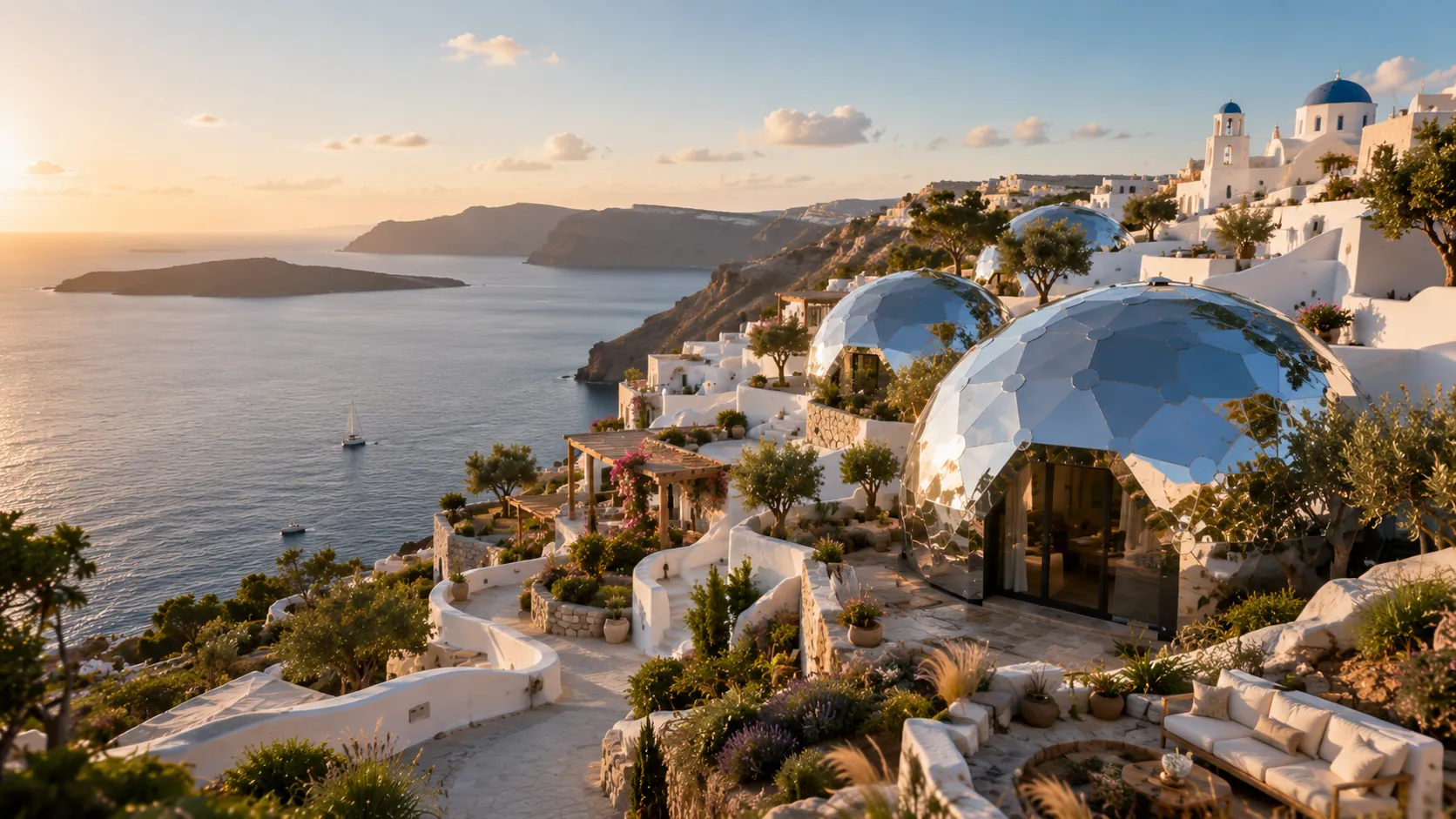 Aegean island in Greece with whitewashed architecture, modern regenerative design, and sea views