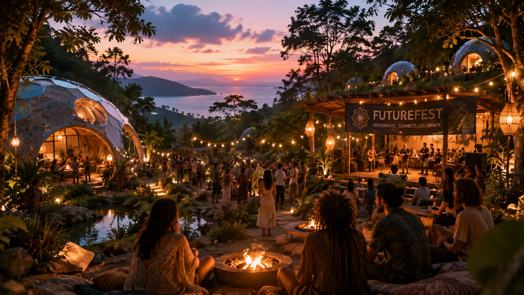 A warm FutureFest gathering at dusk